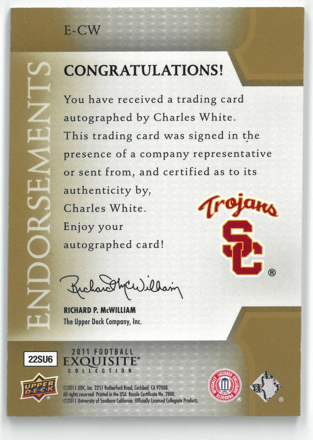 Charles White signed 2011 Upper Deck Exquisite Auto Card #E-CW- 49/75 (Heisman) Image 2