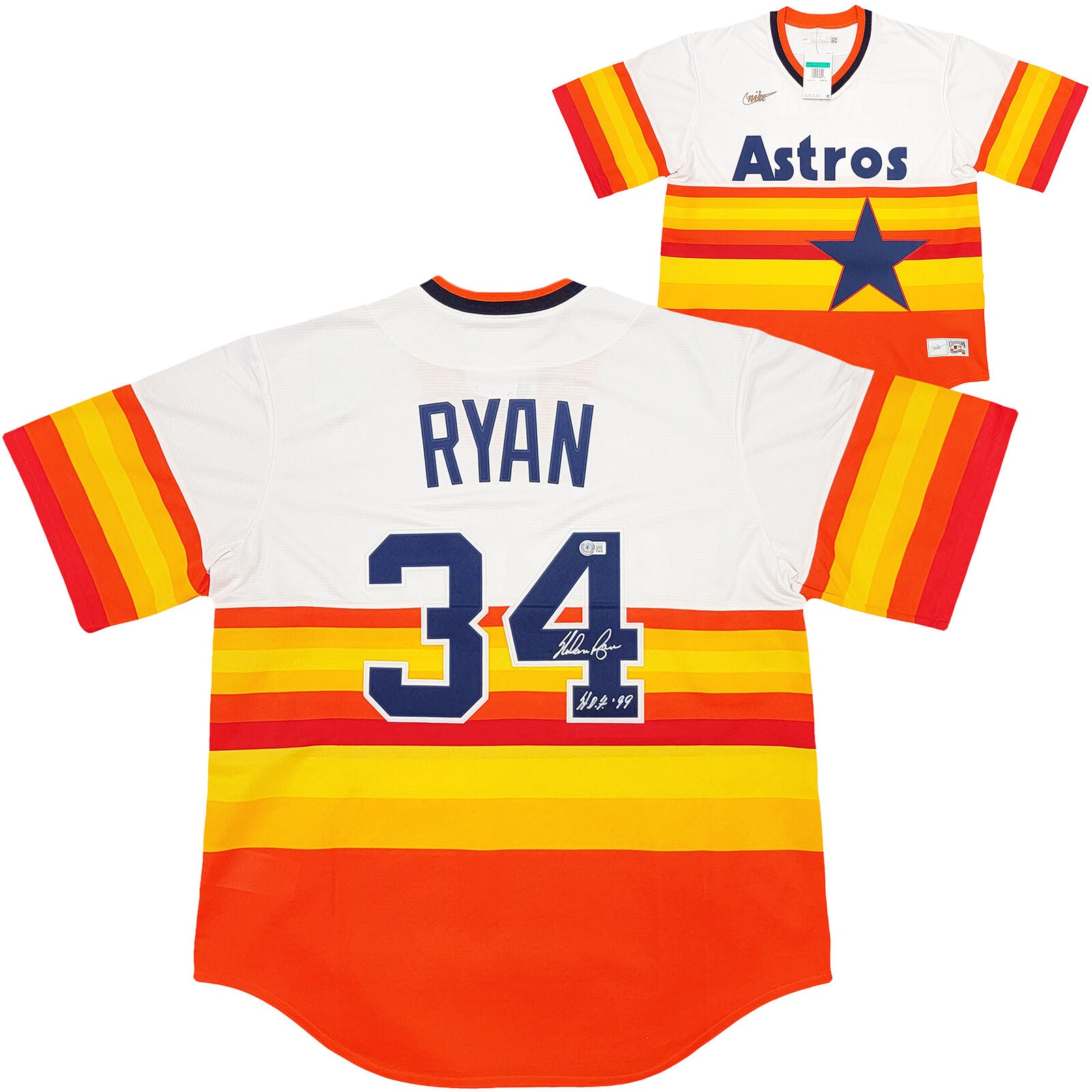 Astros Nolan Ryan Autographed Rainbow Stripes Nike Jersey XL HOF Beckett 211256