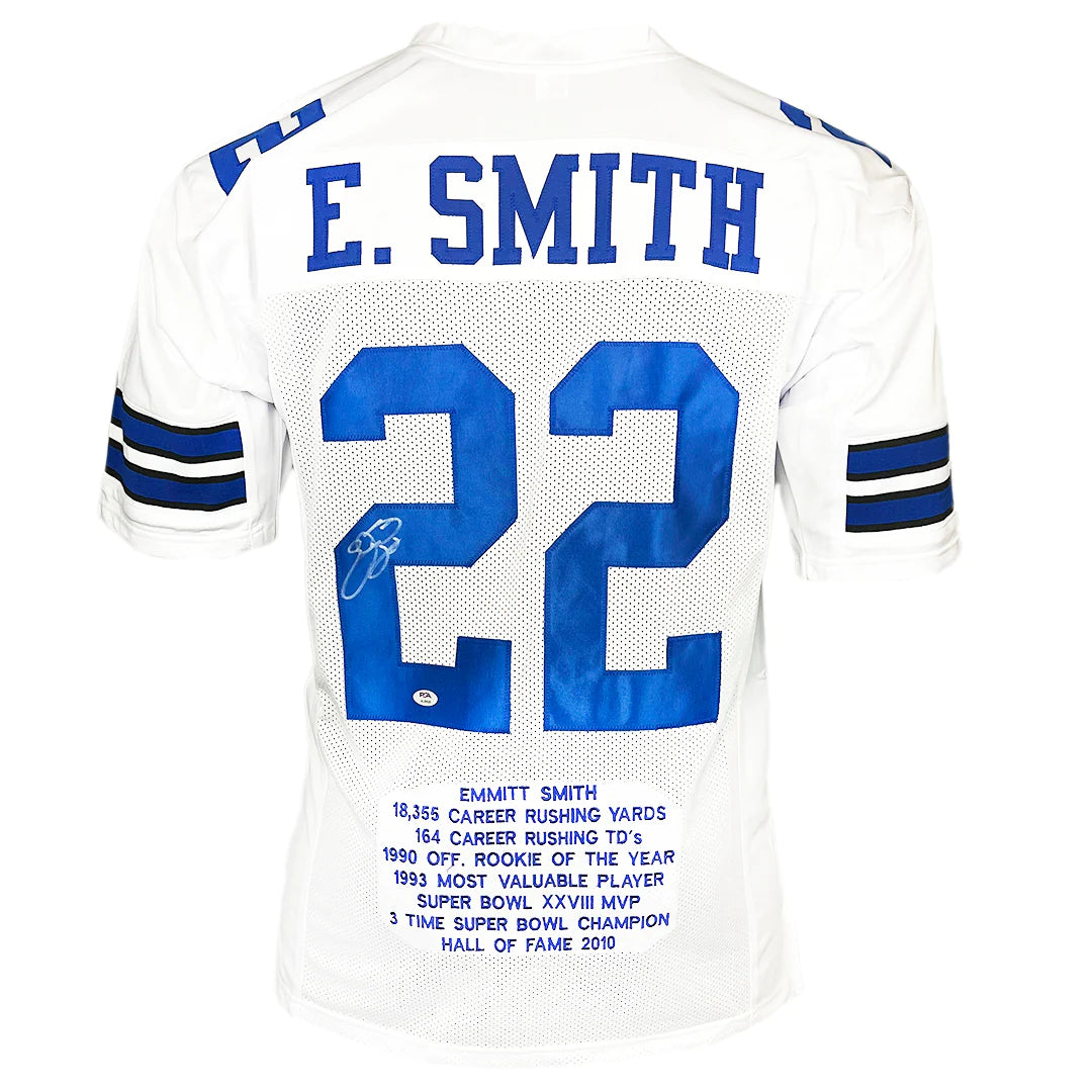 Emmitt Smith Signed Dallas White Stats Football Jersey (PSA) — RSA