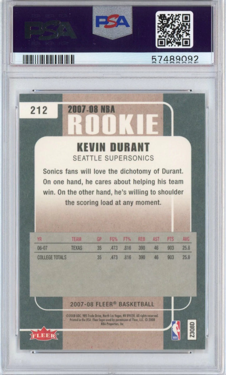 Graded 2007-08 Fleer Kevin Durant #212 Rookie RC Basketball
