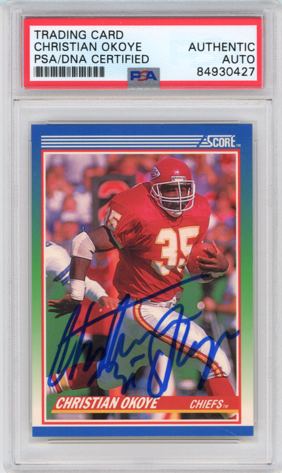 1990 Score Christian Okoye Kansas City Chiefs Signed PSA Authentic