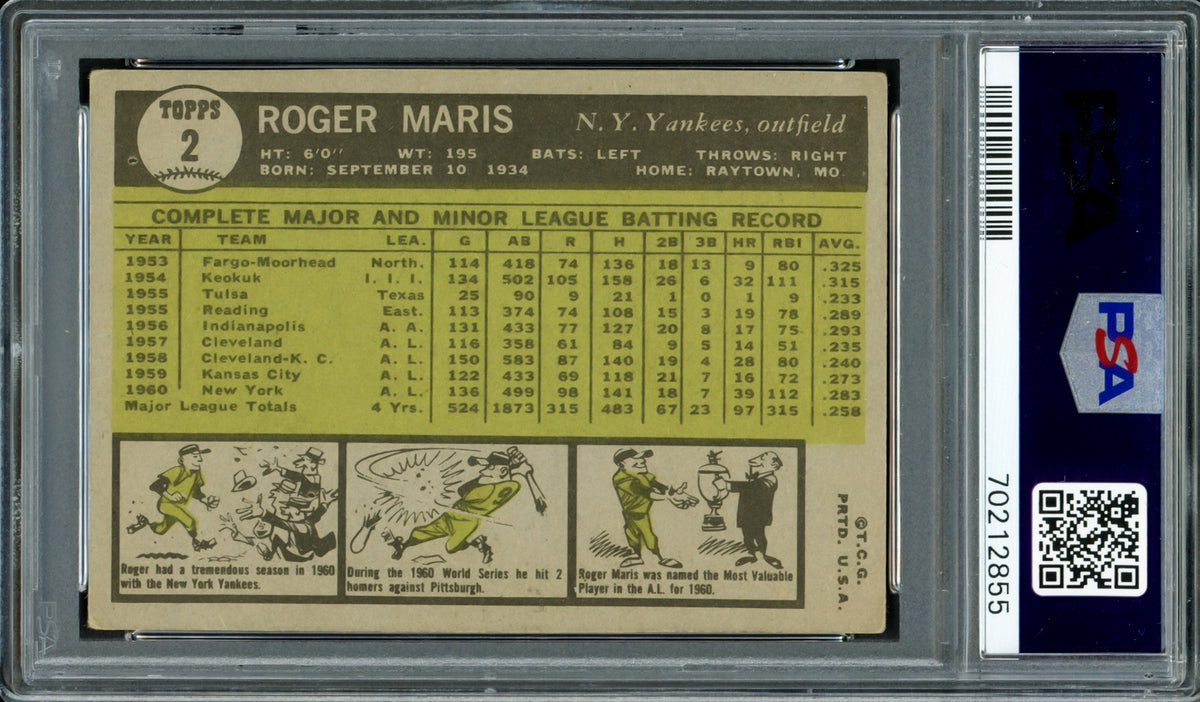 Roger Maris Autographed 1961 Topps Card #2 New York Yankees PSA