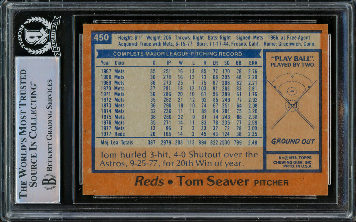 Tom Seaver Autographed 1978 Topps Card #450 Cincinnati Reds Beckett BAS  #15866730 - Mill Creek Sports