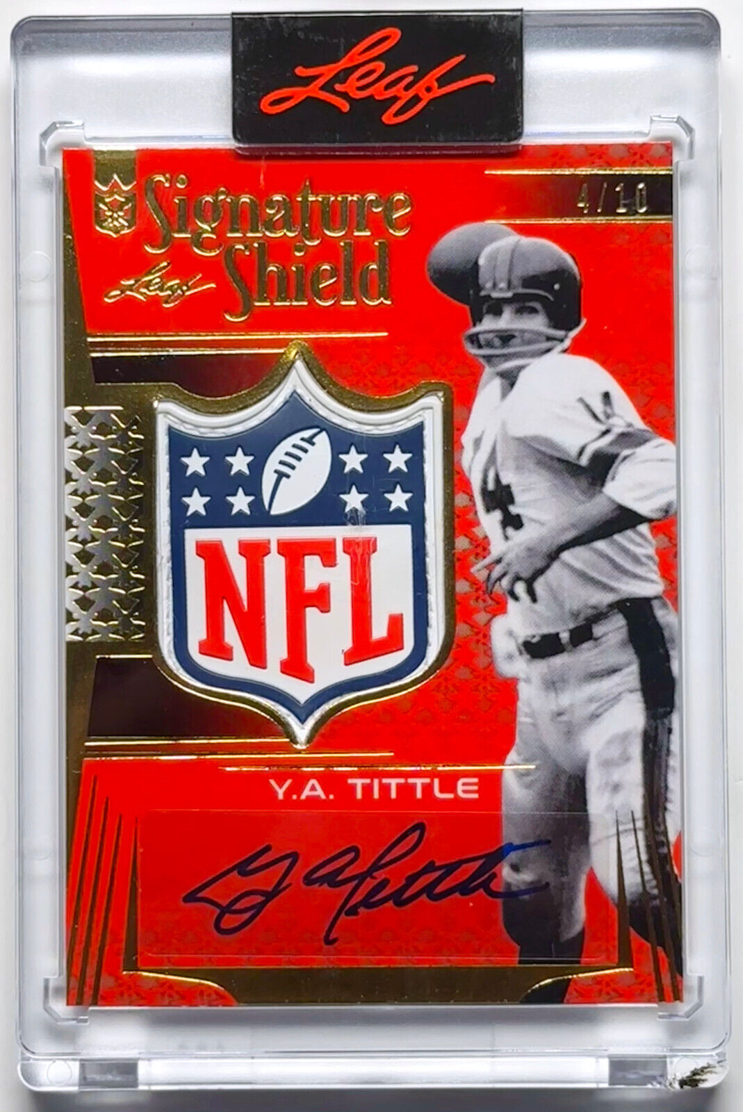 Y.A. TITTLE SIGNED LEAF 2023 NFL 49ers JERSEY SIGNATURE SHIELD 4/10 CARD  SS2-YAT