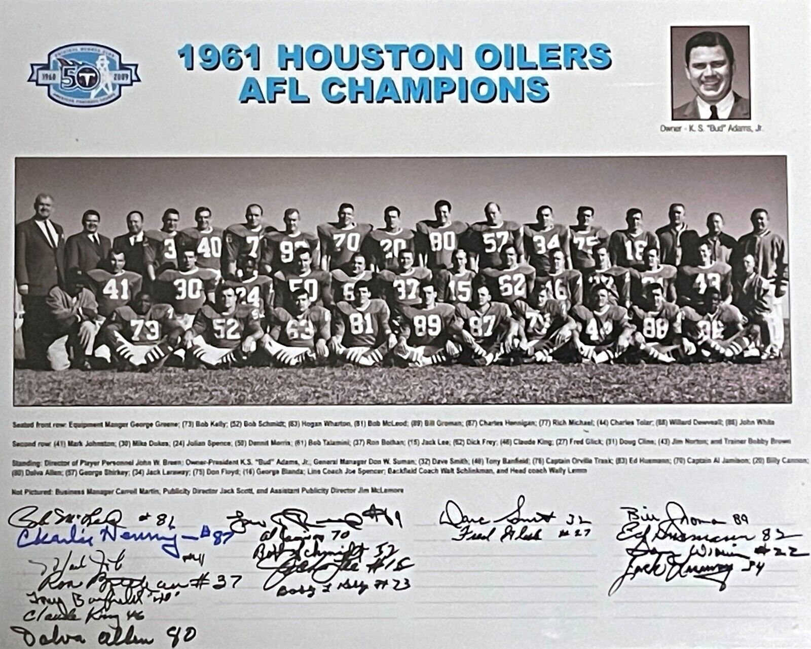 1961 Houston Oilers AFL Champions 50th Anniversary 16x20 Team Signed Photo  -18S