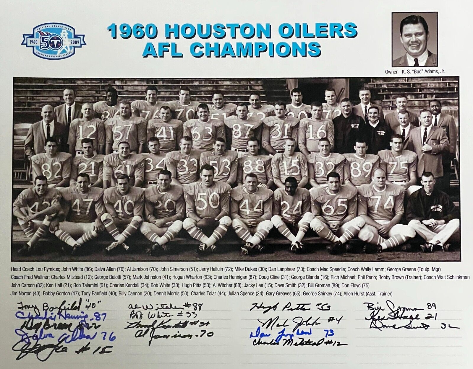 1960 Houston Oilers AFL Champions 50 Yr 16x20 Team Signed Photo-16 Sigs -COA