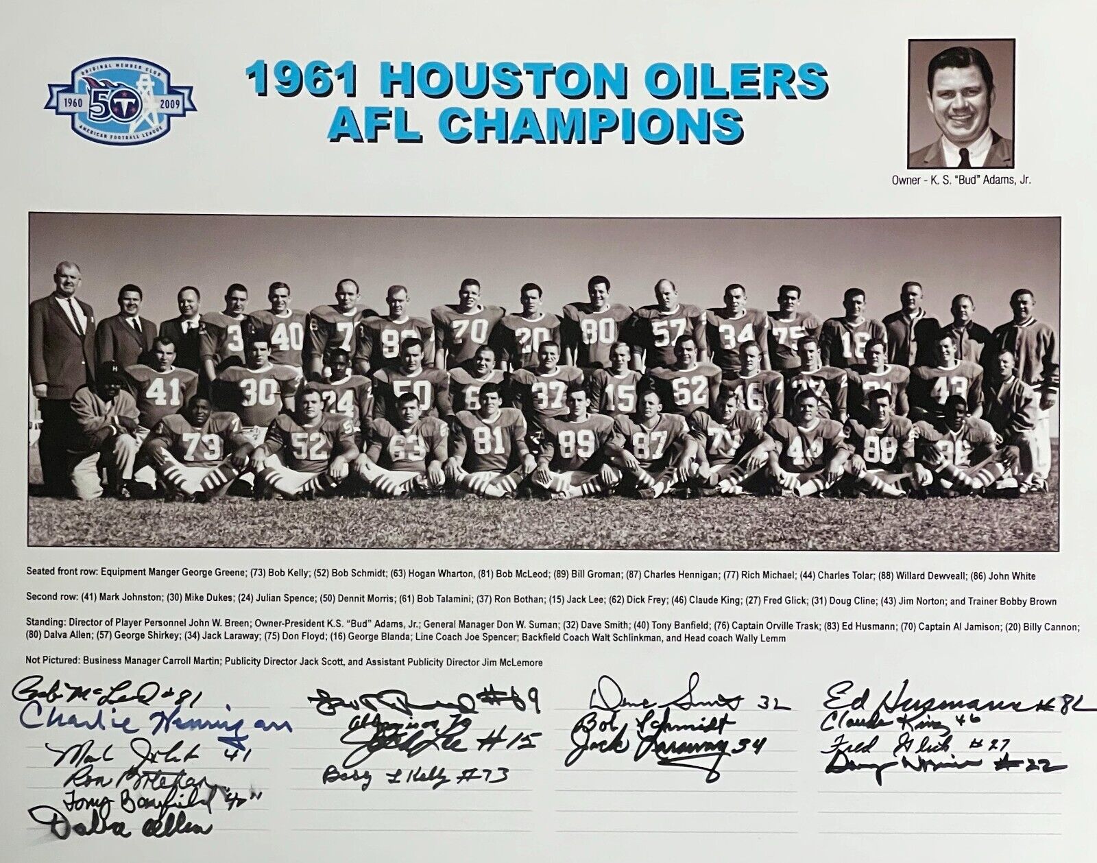 1961 Houston Oilers AFL Champions 50th ANV 16x20 Team Signed Photo -18 Sigs