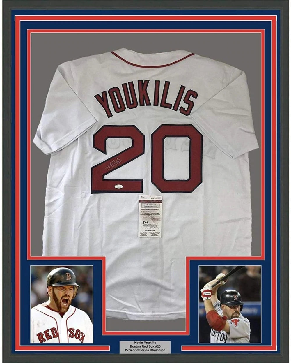 FRAMED Autographed/Signed KEVIN YOUKILIS 33x42 Boston White Jersey JSA COA  Auto