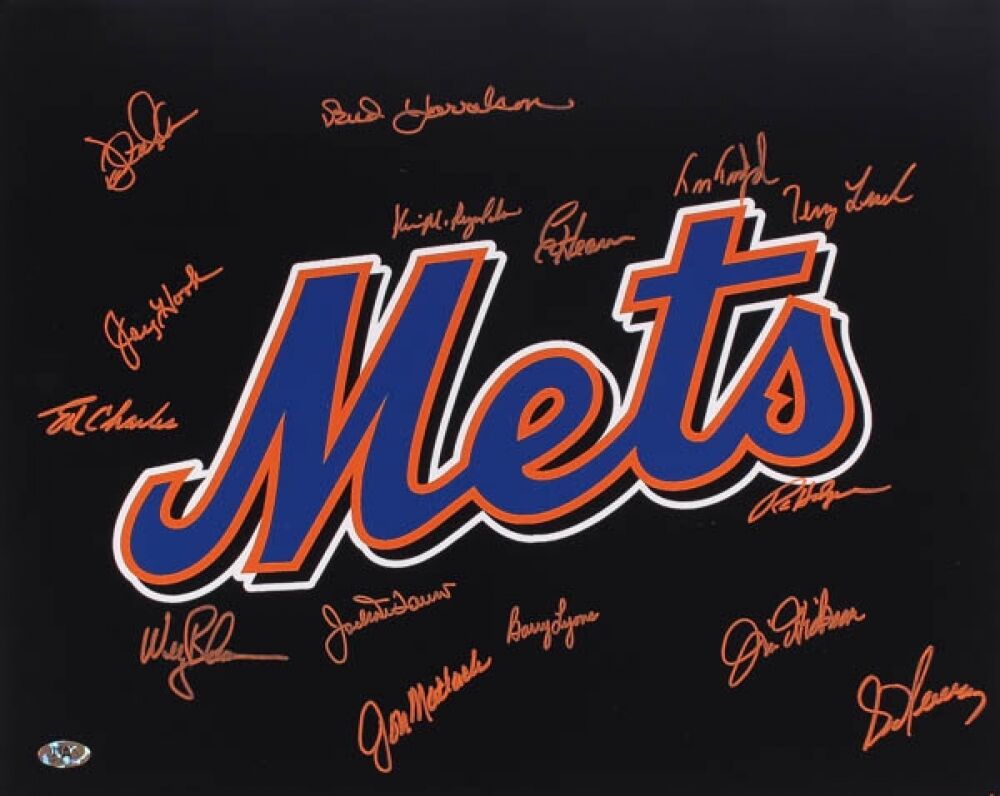 NY METS LOGO MULTI SIGNED 16x20 w/JAY HOOK HARRELSON HEAP LYONS MATLACK  LEACH +8