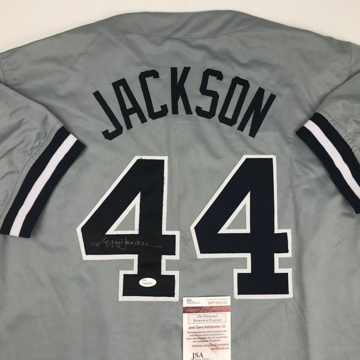 Autographed/Signed Reggie Jackson New York Grey Baseball Jersey JSA COA