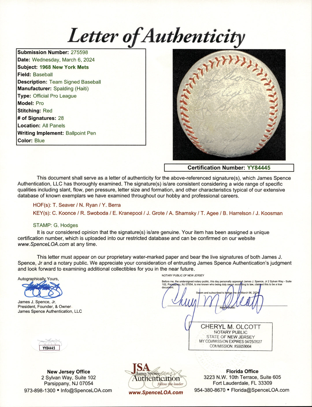 1968 New York Mets Team Signed 28 Signature Spalding OPL Baseball (JSA LOA)