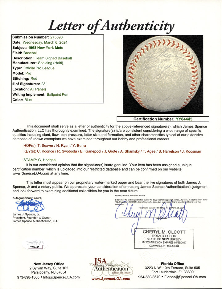 1968 New York Mets Team Signed 28 Signature Spalding OPL Baseball (JSA LOA)