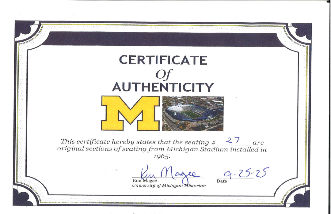 Michigan Wolverines Authentic 60's-90's Big House Fiberglass #27 Bleacher Seat