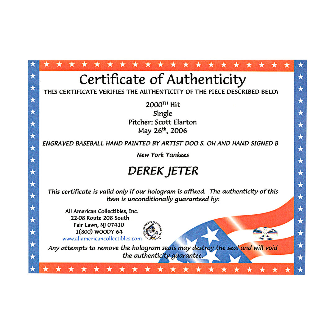 Derek Jeter New York Yankees Autographed Signed 2000th Hit Engraved Doo S Oh Painted OMLB (All American Collectibles COA)