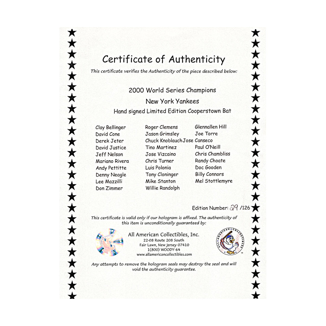 Jeter, Rivera, Pettitte, 2000 New York Yankees Team Autographed Signed 29 Autos Cooperstown Bat LE 29/126 (All American Collectibles LOA)