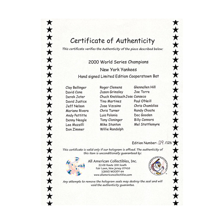 Jeter, Rivera, Pettitte, 2000 New York Yankees Team Autographed Signed 29 Autos Cooperstown Bat LE 29/126 (All American Collectibles LOA)