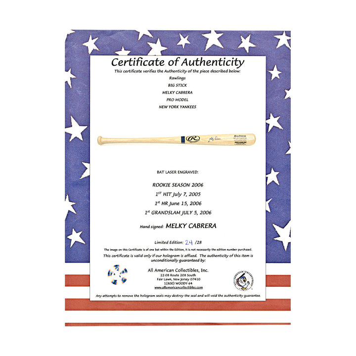 Melky Cabrera New York Yankees Autographed Signed Rookie Season Engraved Rawlings Big Stick Professional Model Bat LE 24/28 (All American Collectibles LOA)