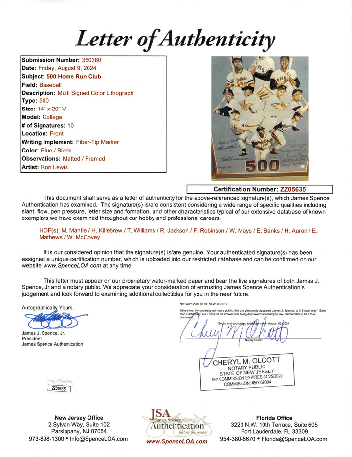 500 Home Run Club 10 Signature Multi Signed Autographed Framed 17x23 Ron Lewis 500 Lithograph (JSA LOA)
