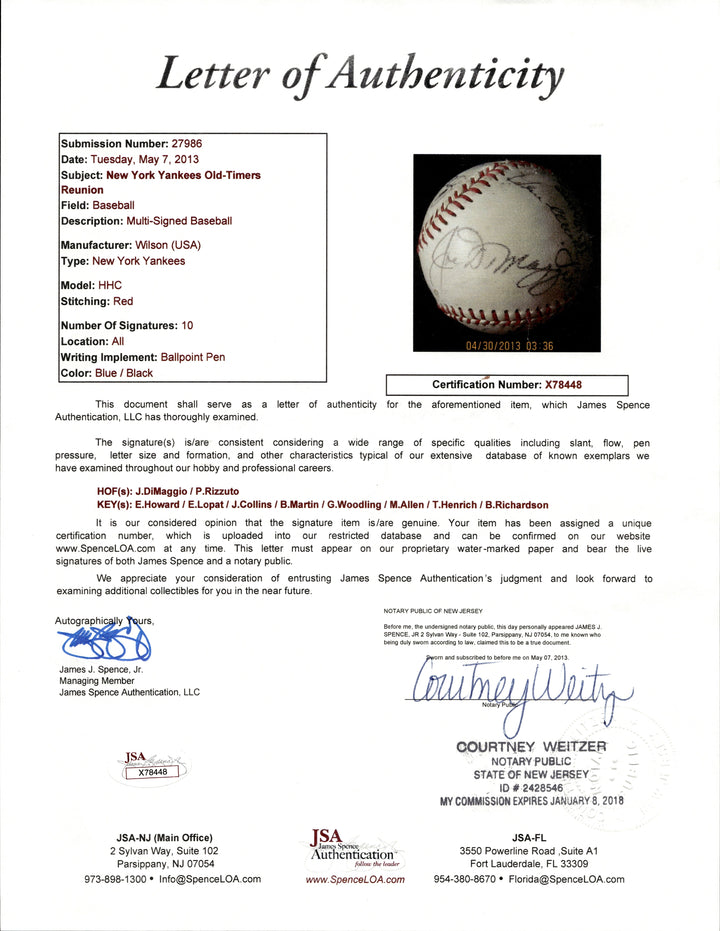 DiMaggio, Rizzuto, Martin Multi Signed Yankees Logo Wilson Ball (JSA LOA)