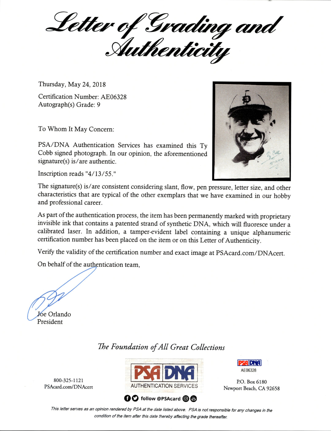 Ty Cobb Detroit Tigers Autographed Signed Inscribed "4/13/55" Framed 8x10 Photo (PSA LOA)