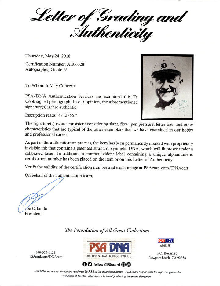Ty Cobb Detroit Tigers Autographed Signed Inscribed "4/13/55" Framed 8x10 Photo (PSA LOA)
