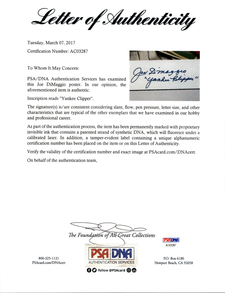 Joe DiMaggio New York Yankees Autographed Signed Inscribed "Yankee Clipper" Framed 16x20 Memorabilia Photo (PSA LOA)