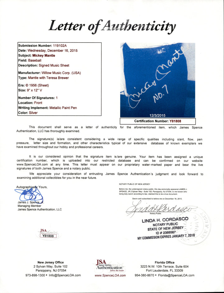 Mickey Mantle New York Yankees Autographed Signed Inscribed Framed 9x12 "I Love Mickey" Music Sheet (JSA LOA)