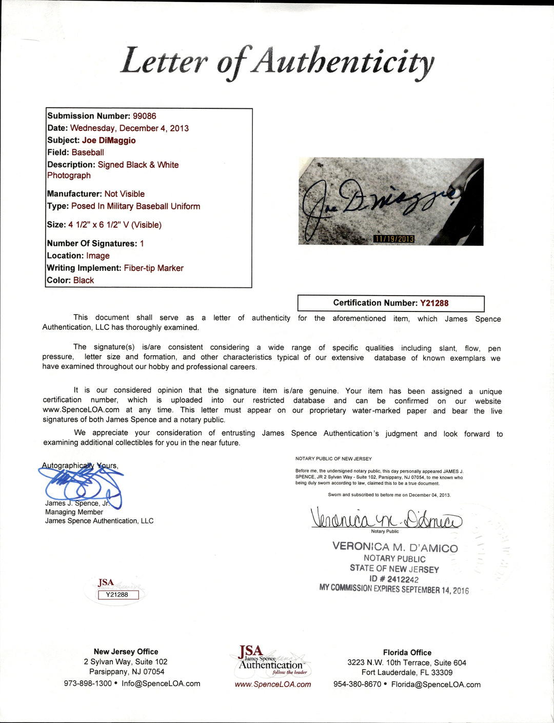 Joe DiMaggio New York Yankees Autographed Signed Framed 5x7 Air Force Photo (JSA LOA)