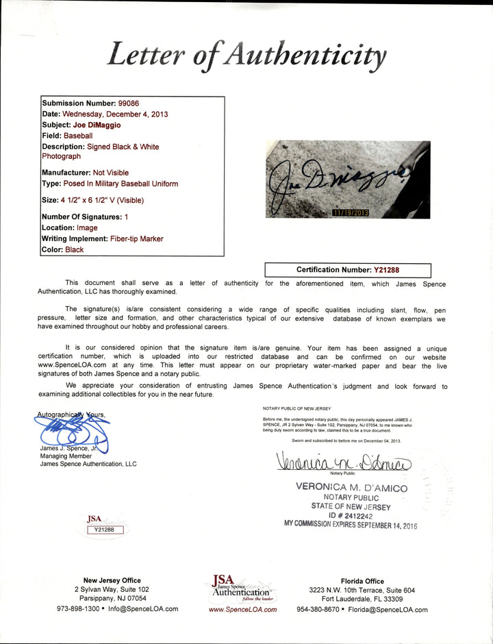 Joe DiMaggio New York Yankees Autographed Signed Framed 5x7 Air Force Photo (JSA LOA)