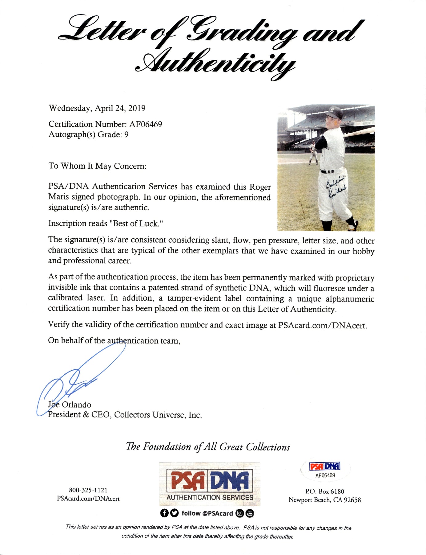 Roger Maris New York Yankees Autographed Signed Inscribed "Best of Luc