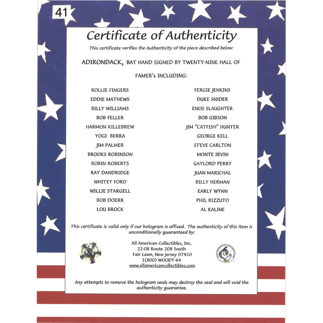 Berra, Ford, Gibson Autographed Multi Signed Hall of Famers Adirondack Bat All American LOA