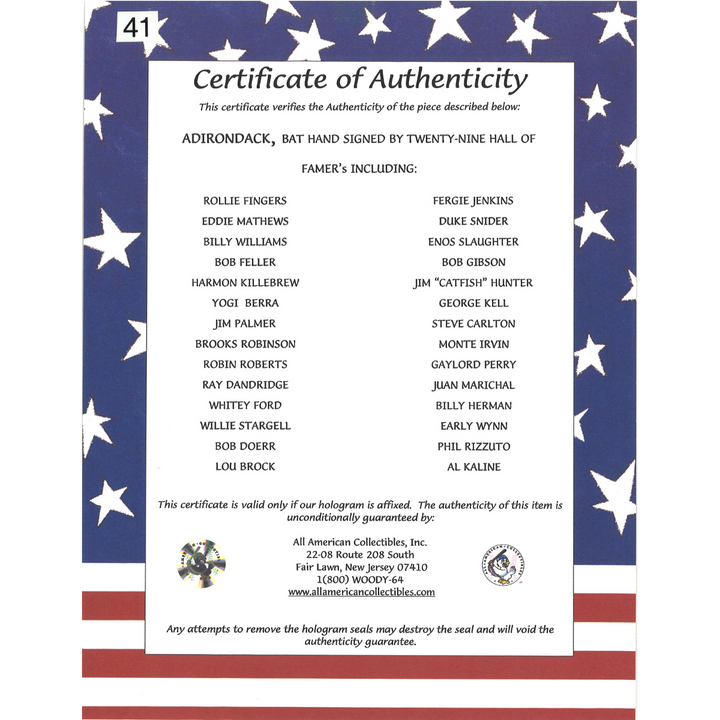 Berra, Ford, Gibson Autographed Multi Signed Hall of Famers Adirondack Bat All American LOA