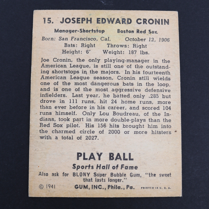 Joe Cronin Boston Red Sox 1941 Blony Gum Baseball Card