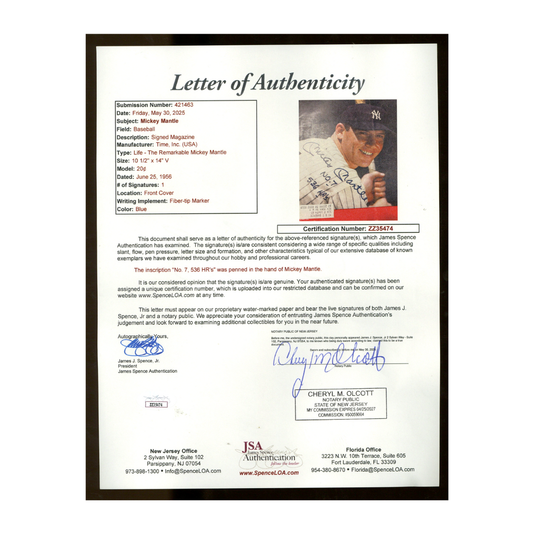 Mickey Mantle New York Yankees Autographed Signed Inscribed Life Magazine June 25, 1956 JSA LOA