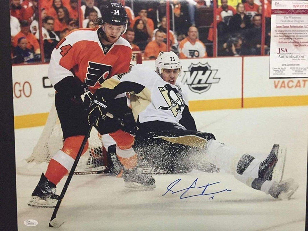 Autographed/Signed SEAN COUTURIER Flyers Vs Malkin 16x20 Hockey Photo JSA COA Image 1