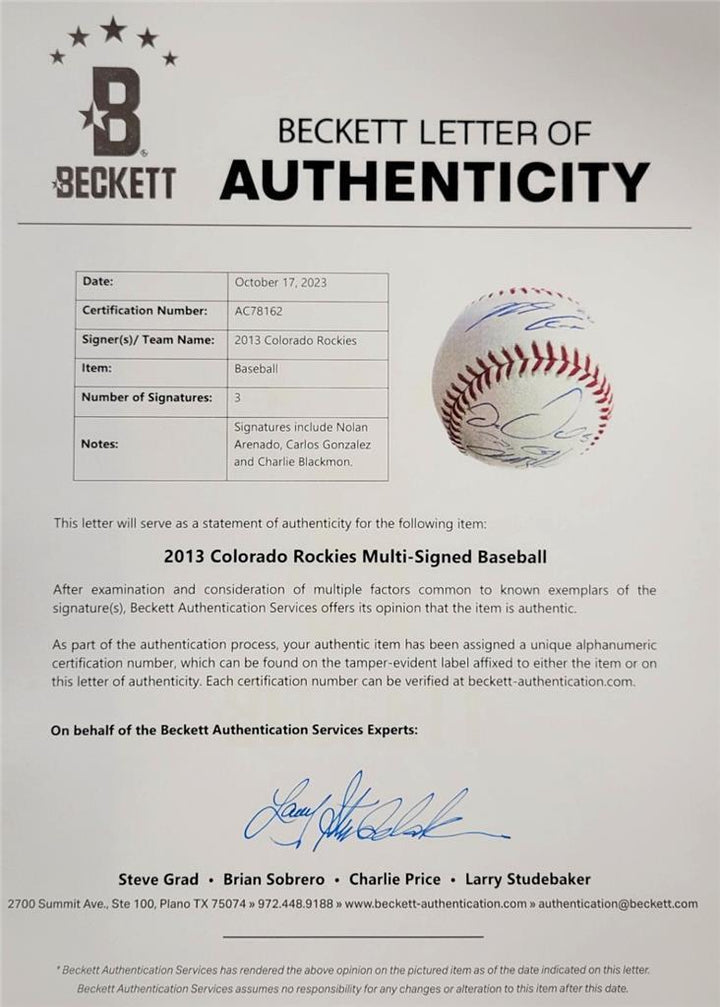 Rockies signed MLB Baseball Arenado Blackmon Gonzalez autograph  Beckett BAS Image 5