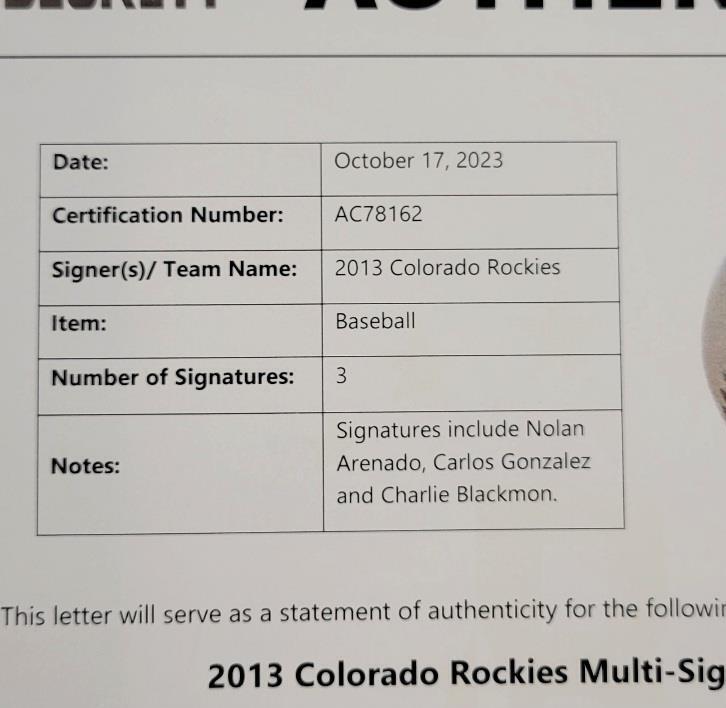 Rockies signed MLB Baseball Arenado Blackmon Gonzalez autograph  Beckett BAS Image 6