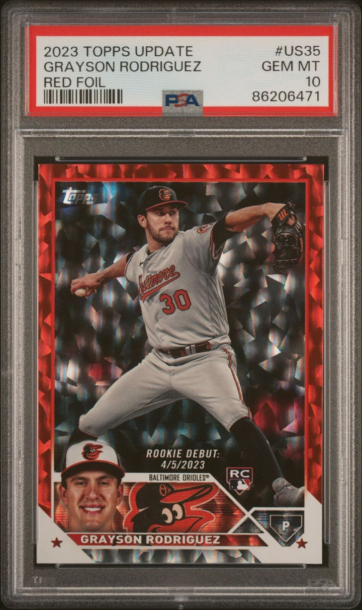 Graded 2023 Topps Grayson Rodriguez #US35 Red Foil #/199 RC Baseball Card PSA 10 Image 1