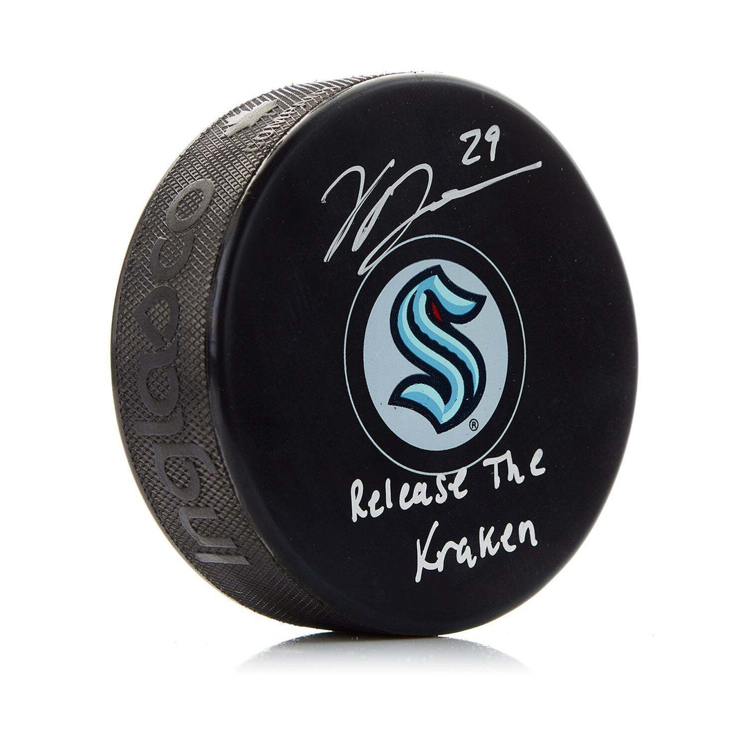 Vince Dunn Signed Seattle Kraken Hockey Puck with Release The Kraken Note Image 1