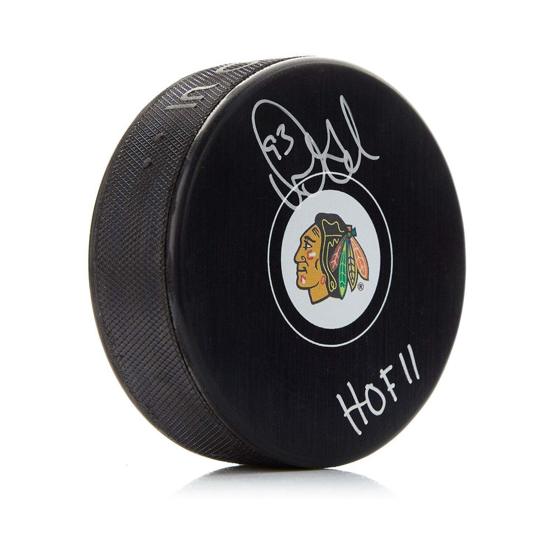 Doug Gilmour Autographed Chicago Blackhawks Puck with HOF Note Image 1