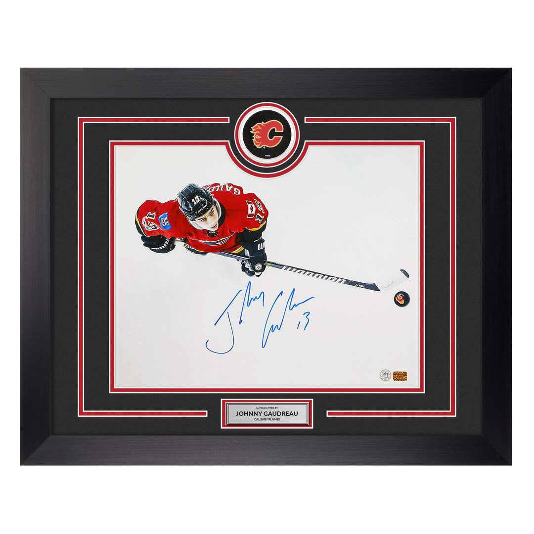 Johnny Gaudreau Signed Calgary Flames Puck Logo 26x32 Frame Image 1