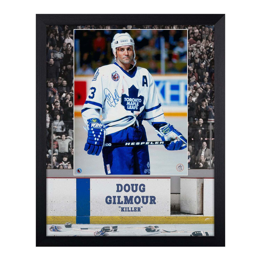 Doug Gilmour Signed Toronto Maple Leafs Bloody Warrior 19x23 Frame Image 1