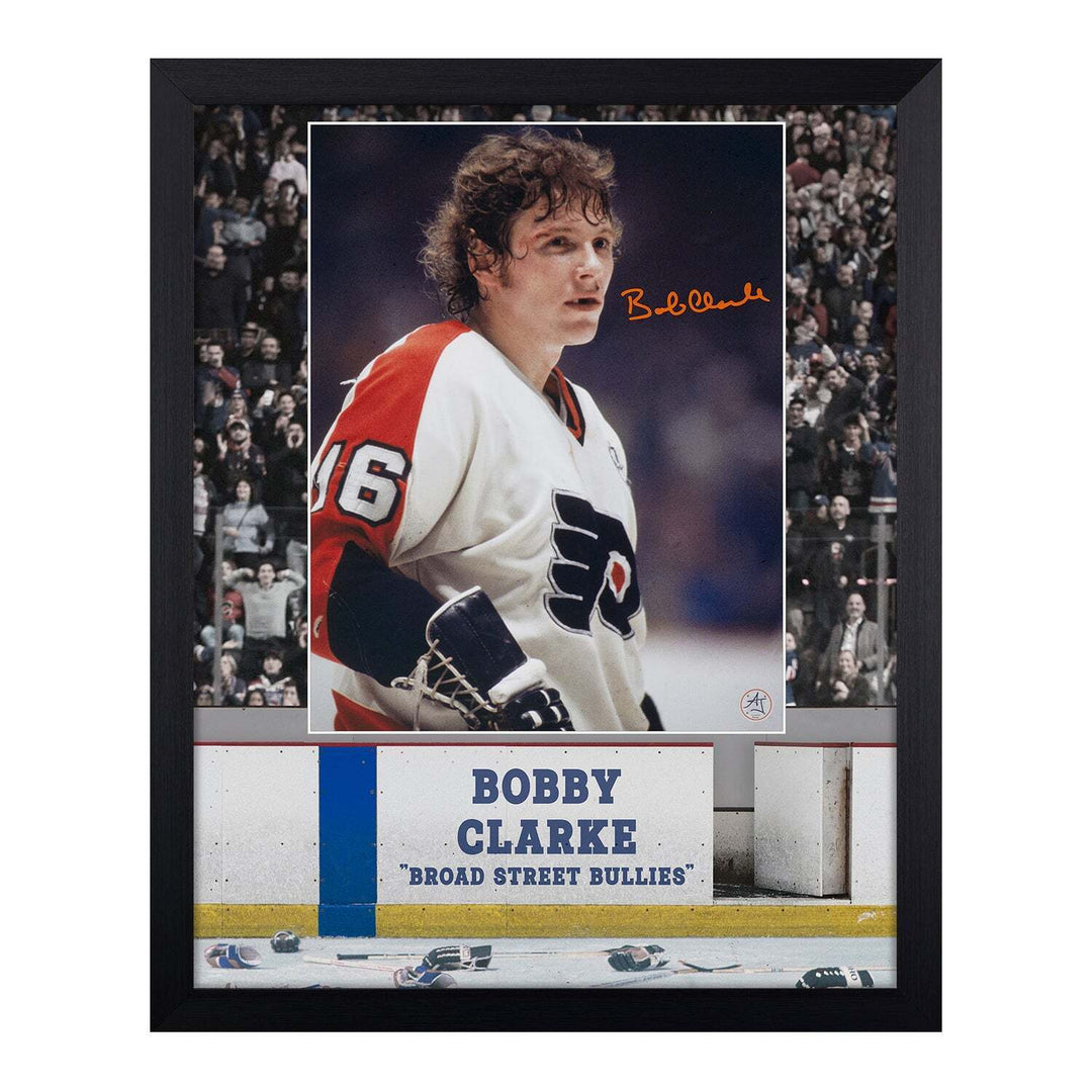 Bobby Clarke Signed Philadelphia Flyers Bloody Warrior 19x23 Frame Image 1