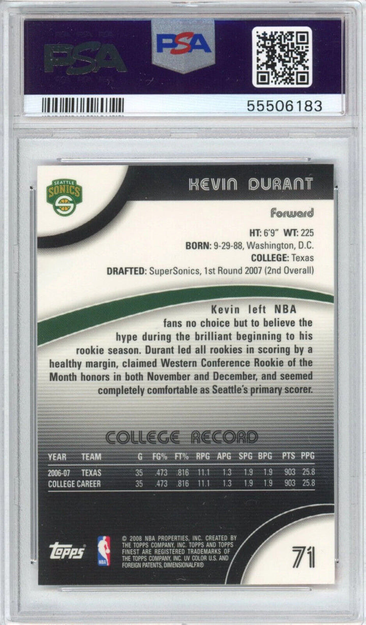 Graded 2007-08 Topps Finest Kevin Durant #71 Rookie RC Basketball Card PSA 10 Image 2