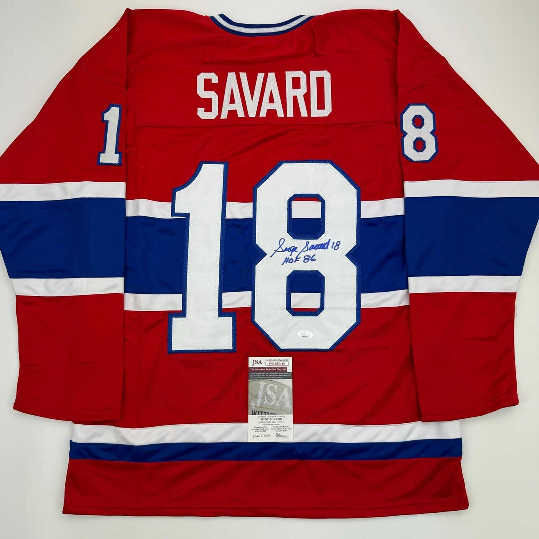Autographed/Signed Serge Savard HOF 86 Montreal Canadiens Red Jersey JSA COA Image 1