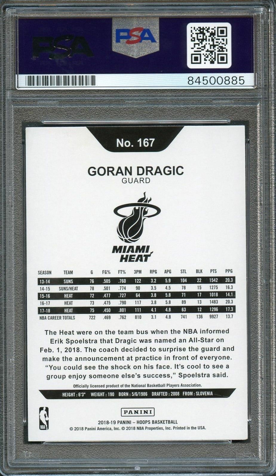 2018-19 NBA Hoops #167 Goran Dragic Signed Card AUTO 10 PSA/DNA Slabbed Heat Image 2