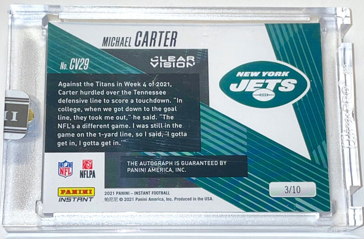 MICHAEL CARTER PANINI INSTANT CLEAR VISION SWATCH NY JETS ROOKIE AUTO CARD #CV29 Image 3