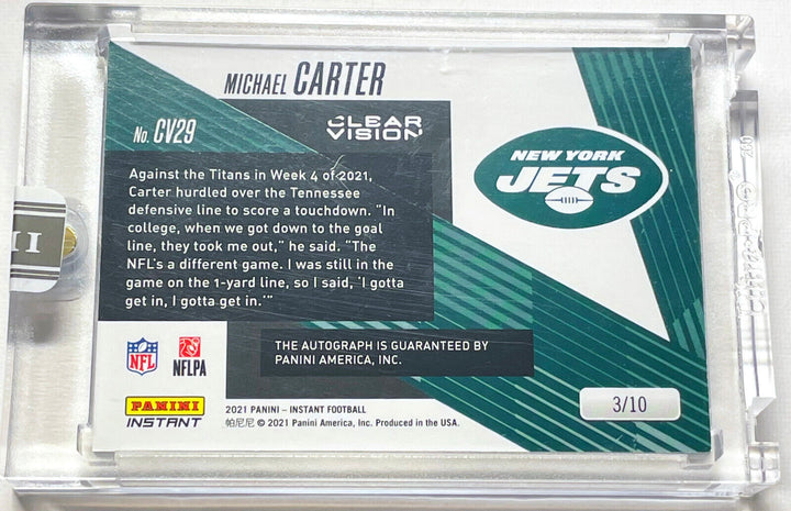 MICHAEL CARTER PANINI INSTANT CLEAR VISION SWATCH NY JETS ROOKIE AUTO CARD #CV29 Image 4