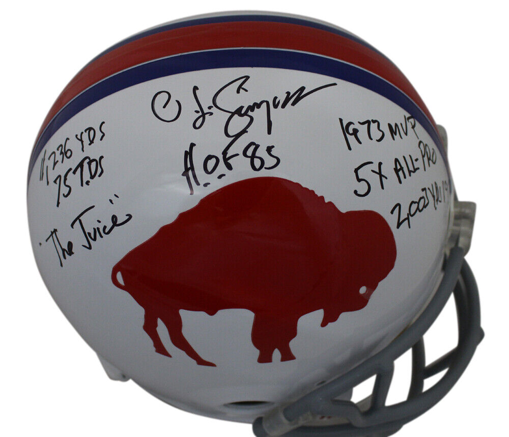 O.J. Simpson Autographed Buffalo Bills TB Replica Helmet 7 Insc JSA 24341 Image 2