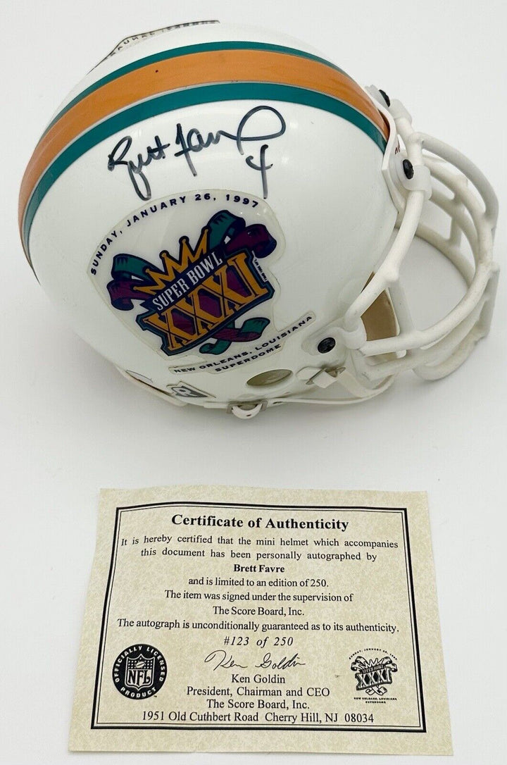 Brett Favre Signed SB XXXI Riddell Mini Helmet Packers Autograph LE Gold in COA Image 1